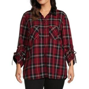 John Mark Plaid Velvet Collar 3/4 Cinched Tie Sleeve Button Front Tunic Sz L NWT